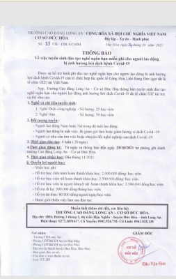 THÔNG BÁO CHIÊU SINH CAO ĐẲNG NGHỀ LONG AN - CƠ SỞ ĐỨC HÒA